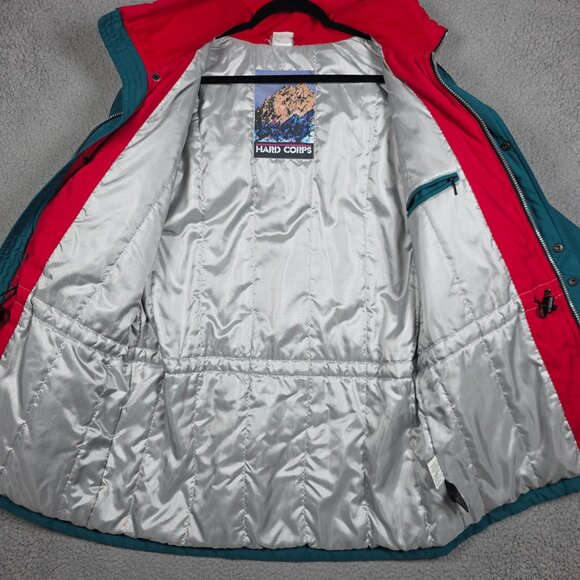 Vintage Hard Corps Ski Jacket Mens Medium Blue Green 90s Color Block Hooded - Picture 10 of 11